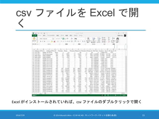 csv ファイルを Excel で開
く
2014/7/29 © 2014 Murachi Akira - CC BY-NC-ND - ネットワーク パケットを読む会(仮) 15
Excel がインストールされていれば、csv ファイルのダブルクリックで開く
 