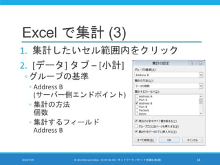 Excel で集計 (3)
1. 集計したいセル範囲内をクリック
2. [データ] タブ – [小計]
◦ グループの基準
◦ Address B
(サーバー側エンドポイント)
◦ 集計の方法
個数
◦ 集計するフィールド
Address B
2014/7/29 © 2014 Murachi Akira - CC BY-NC-ND - ネットワーク パケットを読む会(仮) 18
 