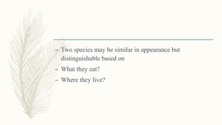 – Two species may be similar in appearance but
distinguishable based on
– What they eat?
– Where they live?
 