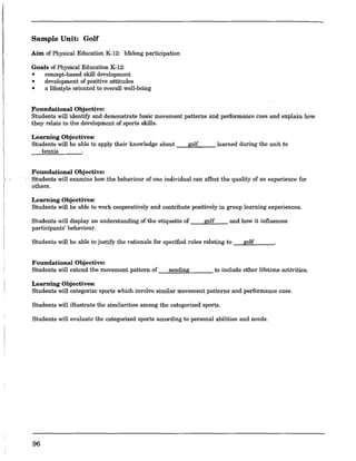 Sample Unit: Golf
Aim of Physical Education K-12: lifelong. participation
Goals of Physical Education K-12:
• concept-based skill development
• development of positive attitudes
• a lifestyle oriented to overall well-being.
Foundational Objective:
Students will identify and demonstrate basic movement patterns and performance cues and explain how
they relate to the development of sports skills.
Learning Objectives:
Students will be able to apply their knowledg.e about _----<gi!!o:!!lf~__ learned during. the unit to
tennis
Foundational Objective:
Students will examine how.the~hehaviour of one individual can affect the quality of an experience for
others.
Learning Objectives:
Students will be able to work cooperatively and contribute positively in group learning experiences.
Students will display an understanding. of the etiquette of __.Qg",ol!.!f~_ and how it influences
participants' behaviour.
Students will be able to justifY the rationale for specified rules relating. to golf
Foundational Objective:
Students will extend the movement pattern of _--E:se~n~d~i~n'J;g,-___ to include other lifetime activities.
Learning Objectives:
Students will categ.orize sports which involve similar movement patterns and performance cues.
Students will illustrate the similarities among. the categorized sports.
Students will evaluate the categ.orized sports according. to personal abilities and needs.
96
 