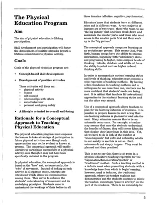 The Physical
Education Program
Aim
The aim of physical education is lifelong
participation.
Skill development and participation will foster
the development of positive attitudes toward a
lifetime commitment to physical activity.
Goals
Goals of the physical education program arEi:
• Concept-based skill development
• Development of positive attitudes
These attitudes will focus on:
o physical activity
o fitness
o self-concept
o relationships with others
o social behaviour
o personal and group safety
• A lifestyle oriented to overall well-being
Rationale for a Conceptual
Approach to Teaching
Physical Education
The physical education program must empower
the learner to take advantage of participation in
future physical activities even though such
opportunities may not be evident or known at
present. The conceptual approach will enable
learners to participate successfully in a physical
activity even though it may not have been
specifically included in the program.
In physical education, the conceptual approach is
based on the "how" and, as importantly, the
"why" of movement. Instead of looking at each
activity as a separate entity, concepts are
introduced which stress the commonalities
among them. This serves to enhance the
students' understanding of movement and its
underlying principles. Students come to
understand the workings of their bodies in all
three domains (affective, cognitive, psychomotor).
Educators know that students learn at different
rates and in different ways. A vast majority of
learners are of two types: those who want to see
"the big picture" first and then break down and
assimilate the smaller parts, and those who want
access to the smaller parts first and then work
up to the "big picture."
The conceptual approach recognizes learning as
an evolutionary process. This means that, from
birth, human beings have the ability to process
information, beginning with rudimentary skills
and progressing to higher, more complex levels of
thinking. Infants, children, and adults all have
,the ability to select and use higher ordered
thinking skills.
In order to accommodate various learning styles
and levels of thinking, educators must possess a
wide repertoire of teaching methods. By having
a firm foundation in teaching methods and a
willingness to use more than one, teachers can be
more confident that students' needs are being
met. It is critical that teachers fit instructional
approaches to the students' learning styles and
not the other way around.
Use of a conceptual approach allows teachers to
plan for the learning outcomes of students. It is
possible to prepare lessons in such a way that
one learning outcome is planned to lead into the
next. Many educators assume this to be an
automatic occurrence. For example, a teacher
may assume that once the students understand
the benefits of fitness, they will choose lifestyles
that display their knowledge in this area. Yet,
all we have to do is look at the number of
"knowledgeable" but unfit and unhealthy adults
in our society to see this is not so. Such
outcomes do not simply happen. They must be
planned and then practised.
This is not to say that there is no room in a
physical educator's teaching repertoire for the
"explanation/demonstration/practice" or
"traditional" method. Such a teaching method is
a definite asset when presenting students with a
knowledge base from which to begin learning;
however, used in isolation, the traditional
approach, where the teacher explains and
demonstrates and the students attempt to mimic
the teacher, encourages "passive activity" on the
part of the students. There is no ownership for
5
 