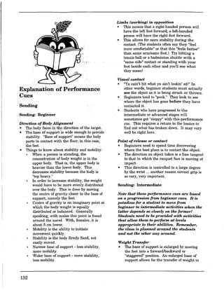 Explanation of Performance
Cues
Sending
Sending: Beginner
Direction ofBody Alignment
o The body faces in the direction of the target.
o The base of support is wide enough to provide
stability. "Base of support" means thebody
parts in contact with the floor; in this case,
the feet.
o Things to know about stability and mobility:
o When a person is standing, the
concentration of body weight is in the
upper body. That is, tbe upper body is
heavier than the lower body. This
decreases stability because tbe body is
tltop heavy.11
o In order to increase stability, the weight
would have to be more evenly distributed
over the body. This is done by moving
the centre of gravity closer to the base of
support, namely the feet.
o Centre of gravity is an imaginary point at
which the body weight is equally
distributed or balanced. Generally
speaking, with males this point is found
around the navel. With, females, it is
about 5 cm lower.
o Mobility is the ability to initiate
movement quickly.
o Stability is the body firmly fixed, not
easily moved.
o Narrow base of support - less stability,
more mobility.
o Wider base of support - more stability,
less mobility.
132
Limbs (working) in opposition
o This means that a right-handed person will
have tbe left foot forward; a left-handed
person will have the right foot forward.
o This allows for more stability during the
contact. (The students often say they "feel
more comfortable" or tbat this "feels better"
than same arm/same foot.) Try hitting a
tennis ball or a badminton shuttle with a
"same side"contact or standing with your
feet beside each other and you'll see what
they mean!
Visual contact
o "Ya cain't hit what ya ain't lookin' at!" In
otber words, beginner students must actually
see the object as it is being struck or thrown.
o Beginners tend to "peek." They look to see
where the object has gone before they have
contacted it.
o Students who have progressed to the
intermediate or advanced stages will
sometimes get "sloppy" with this performance
cue. This requires a return to the basics to
find out what has broken down. It may very
well be right here.
Point ofrelease or contact
o Beginners need to spend time discovering
where the best place is to contact the object.
o The direction an object takes is a line tangent
to that in which the racquet face is moving at
impact. .
o This direction is controlled to a large degree
by the wrist ... another reason correct grip is
so very, very important.
Sending: Intermediate
Note that these performance cues are based
on a progression from beginner cues. It is
pointless for a student to move from
beginner to intermediate activities when the
latter depends so closely on the former!
Students need to be provided with activities
that allow them to perform at levels
appropriate to their abilities. Remember,
the class is planned around the students
and not the other way around.
Weight Transfer
o The base of support is enlarged by moving
the feet into a forwardlbackward or
"staggered" position. An enlarged base of
support allows for the transfer of weight in
 