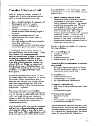 Planning A Racquets Unit
Below is a sequenced planning outline for a
racquets unit. It will provide a template from
which to develop lessons and future units.
1. Share with the students the purposes of
this racquets unit. For example:
introduction to new lifelong physical•
•
•
•
•
activities - -- ----
transfer oflearning (via the use of
performance cues) from one racquet sport to
the others
transferring movement patterns and
performance cues from racquet sports to
other activities
observable and measurable improvement in
motor skills performance
learning of skills necessary in helping others
improve their performances (peer coaching)
In order to peer coach, students will need a
working vocabulary from which to begin. (Avoid
being misled into thinking that the
naturally'motor gifted or more experienced
players are automatically able to peer
coach. Being able to execute a skill and
being able to teach someone else are two
entirely different things! As a matter of
fact, teachers may well find that their best
"coaches" will come from the students who
really had to struggle with their skills
development.)
Students will probably have to spend the first
few classes together as a group while the teacher
continuously reviews and reinforces what is
meant by "peer coaching," how students will be
seeing improvement in their own skill levels
their responsibilities to their coaching partn~rs
and necessary vocabulary.
Also, as students begin to understand the
rationale for everyone beginning from the points
they are currently at, the teacher will be able to
spend time simply having them hit balls up
against the wall, rally with shuttles and so on ...
whatever it takes to see each person make a
large number of contacts.
~ile developing skills using racquets, students
wIll have several responsibilities, a major
one being the ability to help others improve
their skill levels. While facilitating their skill
development, the teacher will be able to inform
them ahead of time of the criteria upon which
communication and Rocial skills will be assessed
and evaluated.
2. Assess students' starting points.
The purpose here is to determine students'
starting points: pre-control, transition,
control, utilization, proficiency. Surprisingly
enough, this does not take long. The pre-
-control students will be obvious almost
immediately, as will the utilization and
proficiency individuals. This will give
teachers time to concentrate on the transition
and control students. Classes will not
necessarily consist of the same number of
students in each group. Numbers will be
dependent on students' past experiences and
familiarity with the activity.
In order to classifY each student, try using the
following definitions:
Pre-control (Beginner)
• virtually no control
• haphazard
• accidental successes
• no two attempts look alike
Transition (Fluctuates between pre-control
and control)
• fluctuation between pre-control and control
but with an observable tendency to execute
more actions in the control mode
Control (Novice)
• more frequent successes
• attempts begin to look alike
• still requires intense concentration
Utilization (Intermediate)
• skill ready to use in-combination with other
skills
• consistent performance
Proficiency (Advanced)
• high level of ability
• fluid
•
•
uses skills in a variety of situations
movements seem effortless
When classifications have been completed, take
the tImIl to make sure that students understand
the advantages of starting and working at their
own rates and -how this necessitates the teacher
taking the responsibility for finding their
147
 