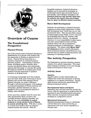 Overview of Course
The Foundational
Perspective
Physical Fitness
One of the primary goals of physical edncation in
Saskatchewan is to provide each student with
the opportunity to develop an optimal level of
fitness. Physical fitness instruction is a
necessary component of a balanced physical
education program. Participating in physical
fitness, developing positive attitudes about
exercise and physical fitness and continuously
applying this knowledge to everyday life outside
the classroom should be an integral part of each
student's learning experiences in physical
education at all grade levels.
It is becoming increasingly clear that students
move into their adult years continuing to choose
lifestyles that include little physical activity.
Physical education can make a difference.
Through a well balanced program, with emphasis
on continued integration. of fitness activities and
information, physical educators can play a
significant role in encouraging the pursuit of
healthy, active lifestyles.
At the same time, teachers must be aware that
with approximately thirty minutes a day
currently devoted to physical education, and
often far less, it is unrealistic to expect
students to reach optimal levels of fitness
by merely attending class. With this in mind,
it is crucial that teachers strive to influence
students beyond class periods. With the
thoughtful assistance of physical educators,
students can be motivated to participate in
self-directed activity that will enable them to
lead healthy, active lifestyles throughout life.
Teachers must not only provide class time
for activity, but require that out-of-class
time be spent on lifestyle-related activities.
Motor Skill Development
Students who participate in physical education
programs are given ample opportunity to begin
skill development from "where they are at" and
proceed from there. This increases their chances
of experiencing success which, in turn, increases
the probability that they will continue with
physical activity for a lifetime. As physical
educators, it is our responsibility to plan lessons
and units around objectives that will help
students achieve the aim of all physical
education programs in Saskatchewan -- lifelong
participation. The section called Motor Skill
Development provides valuable information
about movement patterns and performance cues
and how they are useful in planning lessons and
assessing or evaluating students.
The Activity Perspective
The Saskatchewan physical education program
consists of six activity components. The major
goals of physical education can be met through
student involvement in these areas.
Activity Areas
Aquatics
Aquatics refers to water-related skills and
abilities that enable the participant to develop
confidence in an aquatic environment. Aquatic
skills promote and provide opportunities for
lifelong recreational activity.
Developmental Games and Sports
Individual, dual and team activities provide the
learner with the opportunity -to progress from low
organized to more formalized games and sports.
These activities incorporate movement skills
developed in a progressive manner.
Educational Gymnastics
Educational gymnastics focuses on individuals
and how they move, learn and develop, as
contrasted to the more formal competitive or
Olympic style.
9
 