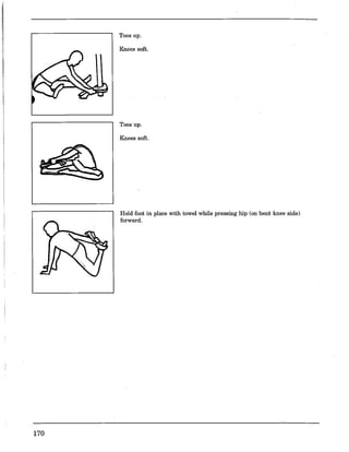 170
Toes up.
Knees soft.
Toes up.
Knees soft.
Hold foot in place with towel while pressing hip (on bent knee side)
forward.
 