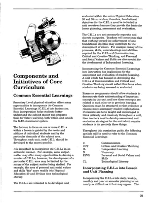 Components and
Initiatives of Core
Curriculum
Common Essential Learnings
Secondary Level physical education offers many
opportunities to incorporate the Common
Essential Learnings (C.E.L.s) into instruction.
Such incorporation helps students better
understand the subject matter and prepares
them for future learning, both within and outside
the K-12 educational system.
The decision to focus on one or more C.E.L.s
within a lesson is guided by the needs and
abilities of individual students and by the
particular demands of the subject area.
Throughout each unit, each C.E.L. should be
developed to the extent possible.
It is important to incorporate the C.E.L.s in an
authentic manner. For example, some subject
matter may offer many opportunities to develop a
number of C.E.L.s; however, the development of a
particular C.E.L. area may be limited by the
nature of the subject matter being studied. For
example, the area of personal and socialvalues
and skills "fits" more readily into Physical
Education 20 and 30 than does technological
literacy.
The C.E.L.s are intended to be developed and
evaluated within the entire Physical Education
20 and 30 curriculum; therefore, foundational
objectives for the C.E.L.s must be included in
unit overviews because they provide the basis for
lesson planning, assessment and evaluation.
The C.E.L.s are not necessarily separate and
discrete categories. Teachers will sometimes find
that working toward the achievement of one
foundational·objective may contribute to the
development of others. For example, many of the
processes, skills, understandings and abilities
required for the C.E.L.s of Communication,
Critical and Creative 'Thinking, and Personal
and Social Values and Skills are also needed for
the development ofIndependent Learning.
Incorporating the Common Essential Learnings
into instruction has implications for the
assessment and evaluation of student learning.
A unit which has focused on developing the
C.E.L.s of Communication and Critical and
Creative Thinking should reflect this focus when
students are being assessed or evaluated.
Exams or assignments should allow students to
demonstrate their understanding of important
concepts in the unit and how these concepts are
related to each other or to previous learning.
Questions must be structured so that evidence or
reasons must accompany student explanations.
If students are to be taught and encouraged to
think critically and creatively throughout a unit,
then teachers need to develop assessment and
evaluation strategies for the unit which require
students to do precisely these things.
Throughout this curriculum guide, the following
symbols will be used to refer to the Common
Essential Learnings:
C
CCT
IL
N
PSVS
TL
Communication
Critical and Creative Thinking
Independent Learning
Numeracy
Personal and Social Values and
Skills
Technological Literacy
Incorporating C.E.L.s into Lesson
and Unit Planning
Incorporating the C.E.L.s into daily, weekly,
monthly and year or semester planning is not
nearly as difficult as it first may appear. The
21
 