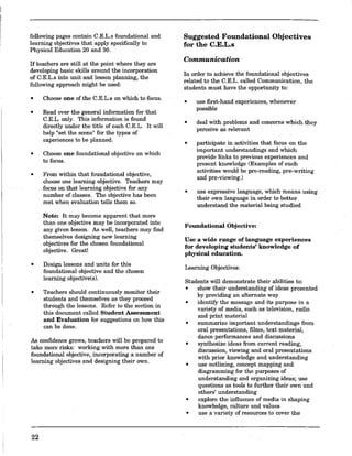following pages contain C.E.L.s foundational and
learning objectives that apply specifically to
Physical Education 20 and 30.
If teachers are still at the point where they are
developing basic skills around the. incorporation
of C.E.L.s into unit and lesson planning, the
following approach might be used:
•
•
•
•
•
•
Choose one of the C.E.L.s on which to·focus.
Read over the general information for that
C.E.L. only. This information is found
directly under the title of each C.E.L. It will
help "set the scene" for the types of
experiences to be planned.
Choose one foundational objective on which
to focus.
From within that foundational objective,
choose one learning objective. Teachers may
focus on that learning objective for any
number of classes. The objective has been
met when evaluation tells them so.
Note: It may become apparent that more
than one objective may be incorporated into
any given lesson. As well, teachers may find
themselves designing new learning
objectives for the chosen foundational
objective. Great!
Design lessons and units for this
foundational objective and the chosen
learning objective(s). .
Teachers should continuously monitor their
students and themselves as they proceed
through the lessons. Refer to the section in
this document called Student Assessment
arid Evaluation for suggestions on how this
can be done.
As confidence grows, teachers will be prepared to
take more risks: working with more than one
foundational objective, incorporating a number of
learning objectives and designing their own.
22
Suggested Foundational Objectives
for the C.E.L.s
Communication
In order to achieve the foundational objectives
related to the C.E.L. called Communication, the
students must have the opportunity to:
• use first-hand expenences, whenever
possible
• .deal with problems and concerns which they
perceive as relevant
• participate in activities that focus on the
important understandings and which
provide links to previous experiences and
present knowledge (Examples of such
activities would be pre-reading, pre-writing
and pre-viewing.)
• use expressive langnage, which means using
their own langnage in order to better
understand the material being studied
Foundational Objective:
Use a wide range of language experiences
for developing students' knowledge of
physical education.
Learning Objectives:
Students will demonstrate their abilities to:
• show their understanding of ideas presented
by providing an alternate way
• identifY the message and its purpose in a
variety of media, such as television, radio
and print material
• summarize important understandings from
oral presentations, films, text material,
dance performances and discussions
• synthesize ideas from current reading,
discussion, viewing and oral presentations
with prior knowledge and understanding
• use outlining, concept mapping and
diagramming for the purposes of
understanding and organizing ideas; use
questions as tools to further their own and
others' understanding
• explore the influence of media in shaping
knowledge, culture and values
• use a variety of resources to cover the
 