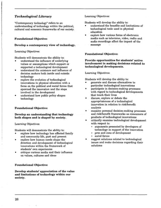 Technological Literacy
"Contemporary technology" refers to an
understanding of technology within the political,
cultural and economic frameworks of our society.
Foundational Objective:
Develop a contemporary view of technology.
Learning Objectives:
Students will demonstrate the ability to:
• understand the influence of underlying
values or assumptions which support or
supported a technological development
• understand the existence and influence of
decision makers both inside and outside
technology
• explore the evolution of technological
innovations in physical education with a
focus on. the political and social forces that
spawned the innovation and the steps
involved in the development
• understand how public policy shapes
technology
Foundational Objective:
Develop an understanding that technology
both shapes and is shaped by society.
Learning Objectives:
Students will demonstrate the ability to:
• explore how technology has affected family
and community life, past and present
• explore how human needs shape the
direction and development of technological
innovations within the framework of
students' own experiences
• critique various media and their influence
on values, cultures and ideas
Foundational Objective:
Develop students' appreciation of the value
and limitations of technology within our
society.
26
Learning Objectives:
Students will develop the ability to:
• understand the benefits and limitations of
technological tools used in physical
education
• explore how various forms of electronic
media such as television, video, radio and
audio recordings affect the impact of the
message
Foundational Objective:
Provide opportunities for students' active
involvement in making decisions related to
technological developments.
Learning Objectives:
Students will develop the ability to:
• generate and discuss alternatives to
particular technological innovations
participate in decision-making processes•
•
•
•
•
with regard to technological developments
that touch their lives
discuss, explore or debate the
appropriateness of a technological
innovation in relation to risklbenefit
analysis
examine personal decision-making processes
and risklbenefit frameworks as consumers of
products of technological innovations
critically examine technological development
with respect to:
o arguments presented by developers of
technology in support of the innovation
o pros and cons of development
o social forces
suggest solutions related to technological
issues and make decisions regarding their
solutions
 