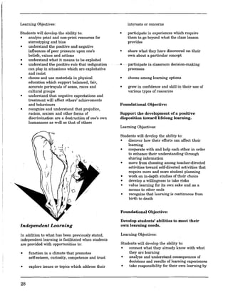 Learning Objectives:
Students will develop the ability to:
• analyze print and non-print resources for
stereotyping and bias
• understand the positive and negative
influences of peer pressure upon one's
beliefs, values and actions
• understand what it means to be exploited
• understand tlie positive Tole that indignation .
can play in situations which are exploitative
and racist
•
•
•
choose and use materials in physical
education which support balanced, fair,
accurate portrayals of sexes, races and
cultural groups
understand that negative expectations and
treatment will affect others' achievements
and behaviours
recognize and understand that prejudice,
racism, sexism and other forms of
discrimination are a destruction of one's own
humanness as well as that of others
Independent Learning
In addition to what has been previously stated,
independent learning is facilitated when students
are provided with opportunities to:
• function in a climate that promotes
self-esteem, curiosity, competence and trust
• explore issues or topics which address their
28
interests or concerns
• participate in experiences which require
them to go beyond what the class lesson
provides
• share what they have discovered on their
own about a particular concept
.•.. participate in classroom decision-making
processes
• choose among learning options
• grow in confidence and skill in their use of
various types of resources .
Foundational Objective:
Support the development of a positive
disposition toward lifelong learning.
Learning Objectives:
Students will develop the ability to:
• discover how their efforts can affect their
learning
• cooperate with and help each other in order
to enhance their understanding through
sharing information
• move from choosing among teacher-directed
activities toward self-directed activities that
require more and more student planning
• work on in-depth studies of their choice
• develop a willingness to take risks
• value learning for its own sake and as a
means to other ends
• recognize that learning is continuous from
birth to death
Foundational Objective:
Develop students' abilities to meet their
own learning needs.
Learning Objectives:
Students will develop the ability to:
• connect what they already know with what
they are learning
• analyze and understand consequences of
decisions and results of learning experiences
• take responsibility for their own learning by
 