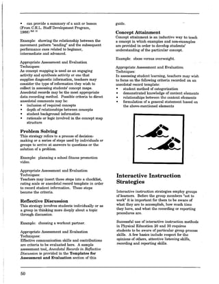 o can provide a summary of a unit or lesson
(From C.E.L. Staff Development Program,
1988) "'.13
Example: showing the relationship between the
movement pattern "sending" and the subsequent
performance cues related to beginner,
intermediate and advanced.
Appropriate Assessment and Evaluation
Techniques:
As concept mapping is used as an engaging
activity and synthesis activity or one that
supplies diagnostic information, teachers may
consider the type of information they wish to
collect in assessing students' concept maps.
Anecdotal records may be the most appropriate
data recording method. Possible criteria to direct
anecdotal comments may be:
o inclusion of required concepts
o depth of relationships between concepts
o student background information
o rationale or logic involved in the concept map
structure
Problem Solving
This strategy refers to a process of decision-
making or a series of steps used by individuals or
groups to arrive at answers to questions or the
solution of a problem.
Example: planning a school fitness promotion
video.
Appropriate Assessment and Evaluation
Techniques:
Teachers may insert these steps into a checklist,
rating scale or anecdotal record template in order
to record student information. These steps
become the criteria.
Reflective Discussion
This strategy involves students individually or as
a group in thinking more deeply about a topic
through discussion.
Example: choosing a workout partner.
Appropriate Assessment and Evaluation
Techniques:
Effective communication skills and contributions
are criteria to be evaluated here. A sample
assessment tool, Anecdotal Records in Reflective
Discussion is provided in the Templates for
Assessment and Evaluation section of this
50
guide.
Concept Attainment
Concept attainment is an inductive way to teach
a concept in which examples and non-examples
are provided in order to develop students'
understanding of the particular concept.
Example: obese versus overweight.
Appropriate Assessment and Evaluation
Techniques:
In assessing student learning, teachers may wish
to focus on the following criteria recorded on an
anecdotal record template:
o student method of categorization
o demonstrated knowledge of content elements
o relationships between the content elements
o formulation of a general statement based on
the above-mentioned elements
Interactive Instruction
Strategies
Interactive instruction strategies employ groups
of learners. Before the group members "set to
work" it is important for them to be aware of
what they are to accomplish, how much time
they have, and what the recording or reporting
procedures are.
Successful use of interactive instruction methods
in Physical Education 20 and 30 requires
students to be aware of particular group process
skills. A few basics include respect for the
opinions of others, attentive listening skills,
recording and reporting skills.
 