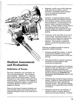 Student Assessment
and Evaluation
Definition of Terms
The terms "assessment" and "evaluation" are
often used interchangeably. This sometimes
causes confusion. Assessment is a continuous
phase within the evaluation process. Various
techniques are used to gather information about
student progress. Evaluation is the weighing of
assessment information against a standard such
as learning objectives in order to make a
judgment or decision.
There are three types of student evaluation and
sound teaching requires that all three types be
conducted during the course of the school year or
semester.
• Diagnostic: usually occurs at the beginning
of the school year or before a unit of
instruction. It identifies "where students
are at" and helps the teacher plan
appropriate lessons.
Formative: an ongoing classroom process
that keeps students and teachers informed
about students' progress towards meeting
·learning objectives.. Its main purpose is to
improve teacher instruction and student
learning. It allows students to keep track of
their progress while at the same time
allowing teachers the opportunity to make
program modifications based on students'
progress.
• Summative: occurs most often at the end of
a unit of study. Its primary purpose is to
determine what students have learned over
a period of time in relation to learning
objectives. This progress is reported to
students, parents and appropriate school
personnel.
Following are gniding principles to assist in
planning for student evaluation:
• Evaluation should help students. It should
provide positive feedback and encourage
students to actively participate in their own
learning.
•
•
•
•
Evaluation should be a planned, continuous
activity that is closely linked to both
curriculum and instruction.
Evalnation should be guided by the learning
objectives of the curriculum and a variety of
assessment strategies should be used.
Examples specific to Physical Education 20
and 30 are found in the Templates for
Assessment and Evaluation section of this
curriculum.
Evaluation plans should be communicated in
advance. Students in Physical Education 20
and 30 should have input regarding the
evaluation process. The type and weighting
of criteria can be negotiated between teacher
and student.
Evaluation must be fair and equitable. It
should be sensitive to family, classroom,
school and community situations. It should
59
 