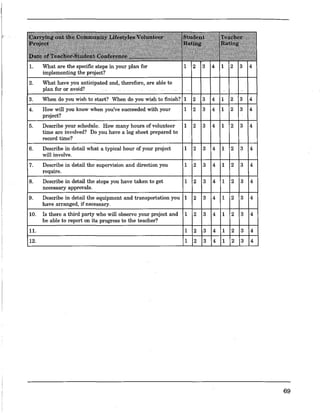 l. What are the specific steps in your plan for 1 2 3 4 1 2 3 4
implementing the project?
2. What have you anticipated and, therefore, are able to
plan for or avoid?
3. When do you wish to start? When do you wish to finish? 1 3 4 1 3 4
4. How will you know when you've succeeded with your 1 2 3 4 1 3 4
project?
5. Describe your schedule. How many hours of volunteer 1 2 3 4 1 2 3 4
time are involved? Do you have a log sheet prepared to
record time?
6. Describe in detail what a typical hour of your project 1 2 3 4 1 2 3 4
will involve.
7. Describe in detail the supervision and direction you 1 2 3 4 1 2 3 4
require.
8. Describe in detail the steps you have taken to get 1 2 3 4 1 2 3 4
necessary approvals.
9. Describe in detail the equipment and transportation you 1 2 3 4 1 2 3 4
have arranged, if necessary.
10. Is there a third party who will observe your project and 1 3 4 1 2 3 4
be able to report on its progress to the teacher?
11. 1 2 3 4 1 2 3 4
12. 1 2 3 4 1 2 3 4
69
 