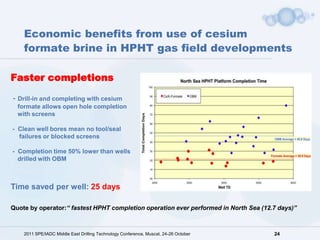 Economic benefits from use of cesium
    formate brine in HPHT gas field developments

Faster completions

- Drill-in and completing with cesium
  formate allows open hole completion
  with screens

- Clean well bores mean no tool/seal
  failures or blocked screens

- Completion time 50% lower than wells
  drilled with OBM



Time saved per well: 25 days

Quote by operator:“ fastest HPHT completion operation ever performed in North Sea (12.7 days)”



    2011 SPE/IADC Middle East Drilling Technology Conference, Muscat, 24-26 October   24
 