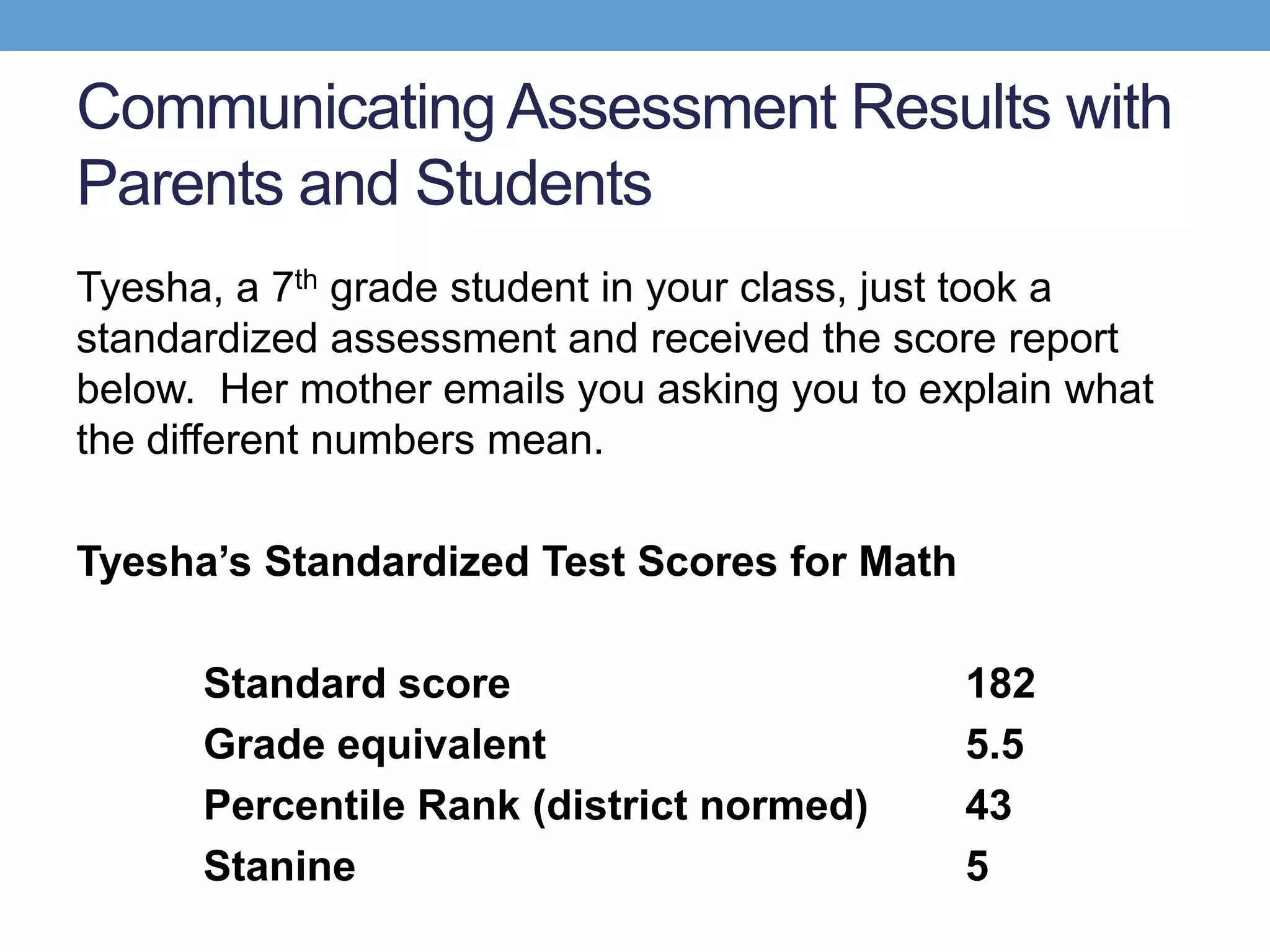 Communicating Assessment Results with
Parents and Students
Tyesha, a 7th grade student in your class, just took a
standardized assessment and received the score report
below. Her mother emails you asking you to explain what
the different numbers mean.

Tyesha’s Standardized Test Scores for Math

      Standard score                         182
      Grade equivalent                       5.5
      Percentile Rank (district normed)      43
      Stanine                                5
 