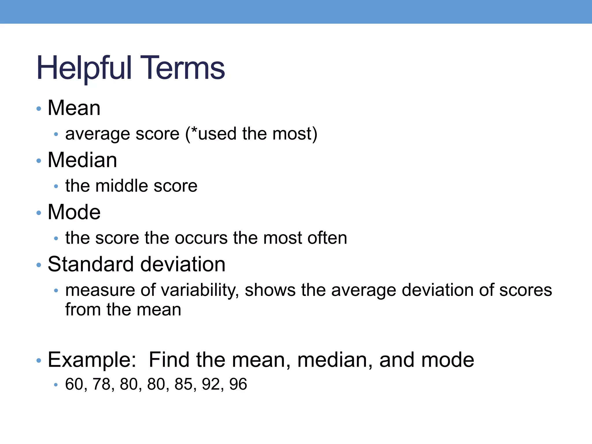 Helpful Terms
• Mean
  • average score (*used the most)
• Median
  • the middle score
• Mode
  • the score the occurs the most often
• Standard deviation
  • measure of variability, shows the average deviation of scores
    from the mean

• Example: Find the mean, median, and mode
  • 60, 78, 80, 80, 85, 92, 96
 