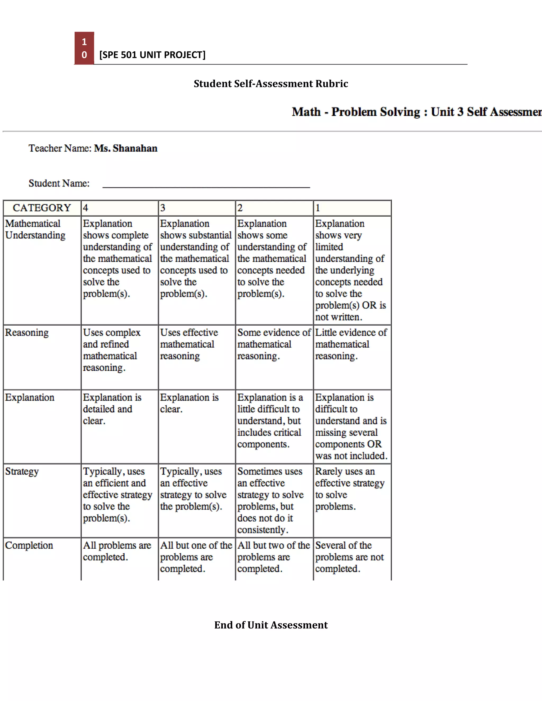 1
0   [SPE 501 UNIT PROJECT]

                       Student Self-Assessment Rubric




                             End of Unit Assessment
 