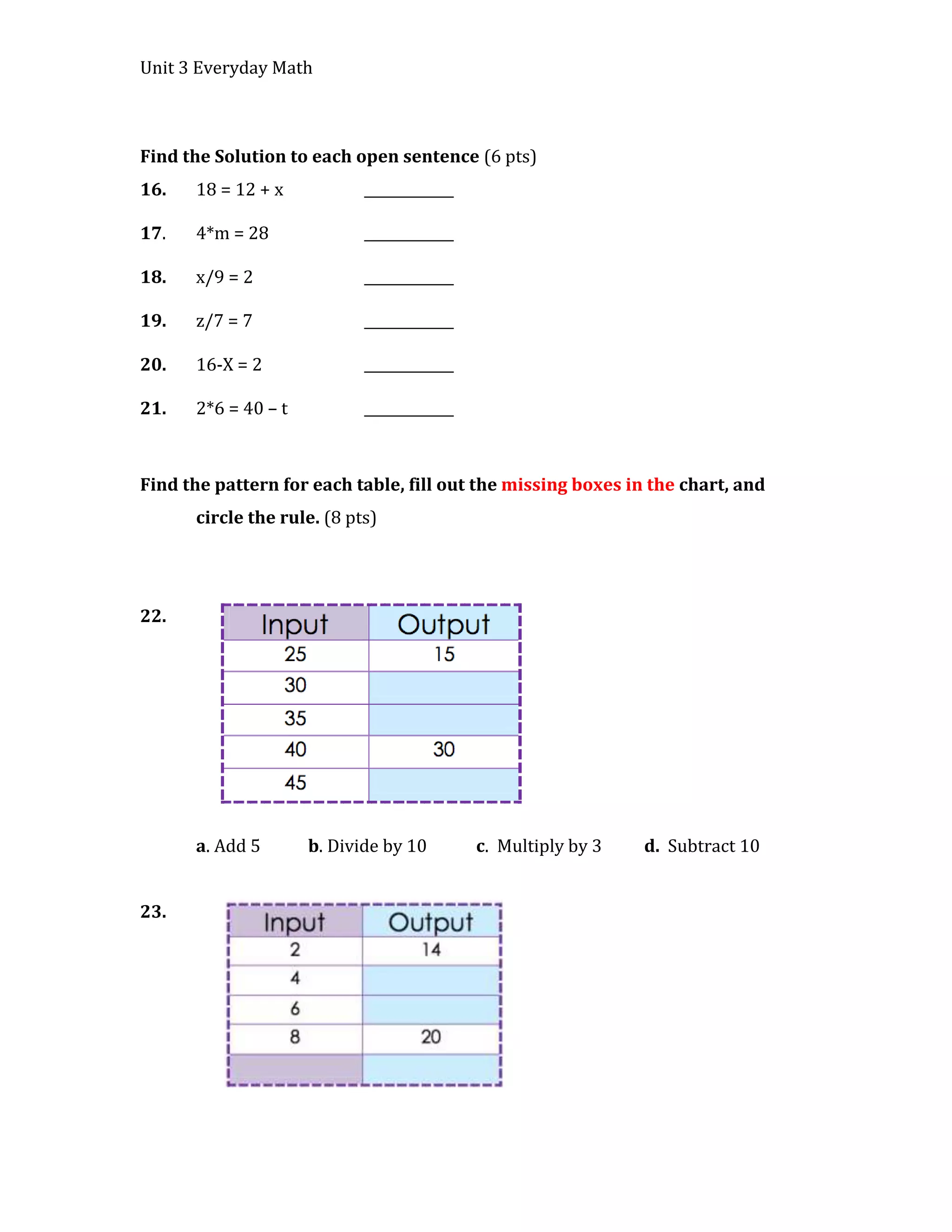 Unit 3 Everyday Math



Find the Solution to each open sentence (6 pts)
16.   18 = 12 + x           _____________

17.   4*m = 28              _____________

18.   x/9 = 2               _____________

19.   z/7 = 7               _____________

20.   16-X = 2              _____________

21.   2*6 = 40 – t          _____________



Find the pattern for each table, fill out the missing boxes in the chart, and
      circle the rule. (8 pts)




22.




      a. Add 5       b. Divide by 10        c. Multiply by 3   d. Subtract 10


23.
 