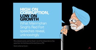 HIGH ON
CORRUPTION,
LOW ON
GROWTH
What Manmohan
Singhs Red Fort
speeches reveal,
unknowingly

We analyzed words used by Singh in six of his Independence Day
speechesChis first three and his last three as PM.
Heres what we found...

 
