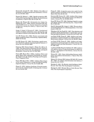 Speech Understanding/Humes
Humes LE, Jesteadt W. (1991). Models of the effects of
threshold on loudness growth and summation. JAcoust
Soc Am 90:1933-1943.
Plomp R. (1986). A signal-to-noise ratio model for the
speech-reception threshold of the hearing impaired. J
Speech Hear Res 29:146-154.
Humes LE, Roberts L. (1990) . Speech-recognition diffi-
culties ofthe hearing-impaired elderly: the contributions
of audibility. JSpeech Hear Res 33 :726-735 .
Humes LE, Watson BU, Christensen LA, Cokely CA,
Halling DA, Lee L. (1994) . Factors associated with indi-
vidual differences in clinical measures of speech
recognition among the elderly. J Speech Hear Res
37:465-474 .
Jerger J, Jerger S, Pirozzolo F. (1991) . Correlational
analysis ofspeech audiometric scores, hearing loss, age
and cognitive abilities in the elderly. EarHear 12:103-109.
Lee LW, Humes LE. (1992) . Factors associated with
speech-recognition ability ofthe hearing- impaired elderly.
ASHA 34(10) :212.
Lee LW Humes LE . (1993) . Evaluating a speech-recep-
tion threshold model for hearing-impaired listeners. J
Acoust Soc Am 93:2879-2885.
Patterson RD, Nimmo-Smith I, Weber DL, Milroy R.
(1982) . The deterioration ofhearingwith age: frequency
selectivity, the critical ratio, the audiogram, and speech
thresholds . JAcoust Soc Am 72:1788-1803.
Peters RW, Moore BCJ. (1992a). Auditory filters and
aging: filters when audiometric thresholds are normal.
In: Cazals Y et al, eds. Auditory Physiology and Perception.
Paris: Pergamon Press.
Peters RW Moore BCJ. (1992b). Auditory filter shapes
at low center frequencies in young and elderly hearing-
impaired subjects . JAcoust Soc Am 91:256-266 .
Plomp R. (1978). Auditory handicap ofhearing impair-
ment and the limited benefit of hearing aids. J Acoust
Soc Am 63:533-549 .
Sommers MS, Humes LE. (1993). Auditory filter shapes
in normal-hearing, noise-masked normal, and elderly lis-
teners. J Acoust Soc Am 93:2903-2914 .
Souza PE, Turner CW (1994). Masking ofspeech in young
and elderly listeners with hearing loss . JSpeech Hear
Res 37:655-661 .
Stach B, Spretnjak ML, Jerger J. (1990). The prevalence
ofcentral presbycusis in a clinical population. JAm Acad
Audiol 1 :109-115 .
Thibodeau LM, Van Tasell DJ. (1987) . Tone detection and
synthetic speech discrimination in band-reject noise by
hearing-impaired listeners. JAcoust SocAm 81:427-438 .
van Rooij JCGM, Plomp R. (1990) . Auditive and cogni-
tive factors in speech perception by elderly listeners. II.
Multivariate analyses . JAcoust Soc Am 88:2611-2624.
van Rooij JCGM, Plomp R. (1992). Auditive and cogni-
tive factors in speech perception by elderly listeners. III.
Additional data and final discussion . J Acoust Soc Am
91:1028-1033 .
van Rooij JCGM, Plomp R, Orlebeke JF. (1989) . Auditive
and cognitive factors in speech perception by elderly lis-
teners . I. : development of test battery. J Acoust Soc Am
86:1294-1309.
Watson BU. (1991) . Some relationships between intelli-
gence and auditory discrimination . JSpeech Hear Res
34:621-627 .
Watson CS, Johnson DM, Lehman JR, Kelly WJ, Jensen
JK. (1982) . An auditory discrimination test battery. J
Acoust Soc Am 71:573.
Wechsler D. (1981). The WechslerAdultIntelligence Scale-
Revised. New York : The Psychological Corporation.
Wechsler D. (1987) . Wechsler Memory ScaleRevised. New
York : The Psychological Corporation.
 