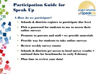 • Schools & districts register to participate (for free)
• Pick a password for students to use to access their
online surveys
• Promote to parents and staff – we provide materials
• Provide way for students to take online surveys
• Review weekly survey counts
• Schools & districts get access to local survey results +
national data for benchmarks in early February
• Plan time to review your data!
4. How do we participate?
Participation Guide for
Speak Up
 