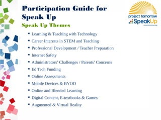 ▪ Learning & Teaching with Technology
▪ Career Interests in STEM and Teaching
▪ Professional Development / Teacher Preparation
▪ Internet Safety
▪ Administrators’ Challenges / Parents’ Concerns
▪ Ed Tech Funding
▪ Online Assessments
▪ Mobile Devices & BYOD
▪ Online and Blended Learning
▪ Digital Content, E-textbooks & Games
▪ Augmented & Virtual Reality
Speak Up Themes
Participation Guide for
Speak Up
 