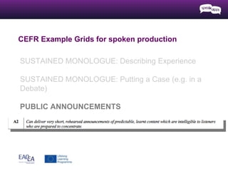 CEFR Example Grids for spoken production
SUSTAINED MONOLOGUE: Describing Experience
SUSTAINED MONOLOGUE: Putting a Case (e.g. in a
Debate)
PUBLIC ANNOUNCEMENTS
ADDRESSING AUDIENCES
 
