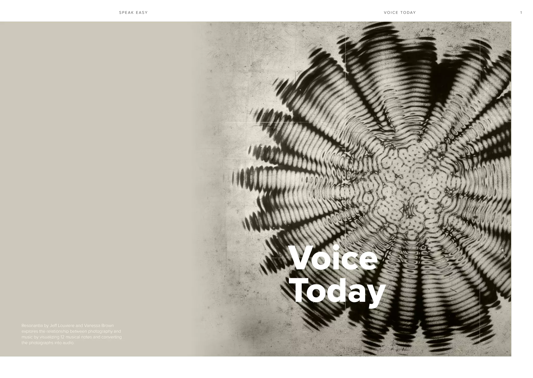 S P E A K E A S Y 1V O I C E T O D AY
Voice
Today
Resonantia by Jeff Louviere and Vanessa Brown
explores the relationship between photography and
music by visualizing 12 musical notes and converting
the photographs into audio.
 