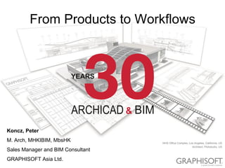 Koncz, Peter
M. Arch, MHKIBIM, MbsHK
Sales Manager and BIM Consultant
GRAPHISOFT Asia Ltd.
From Products to Workflows
 