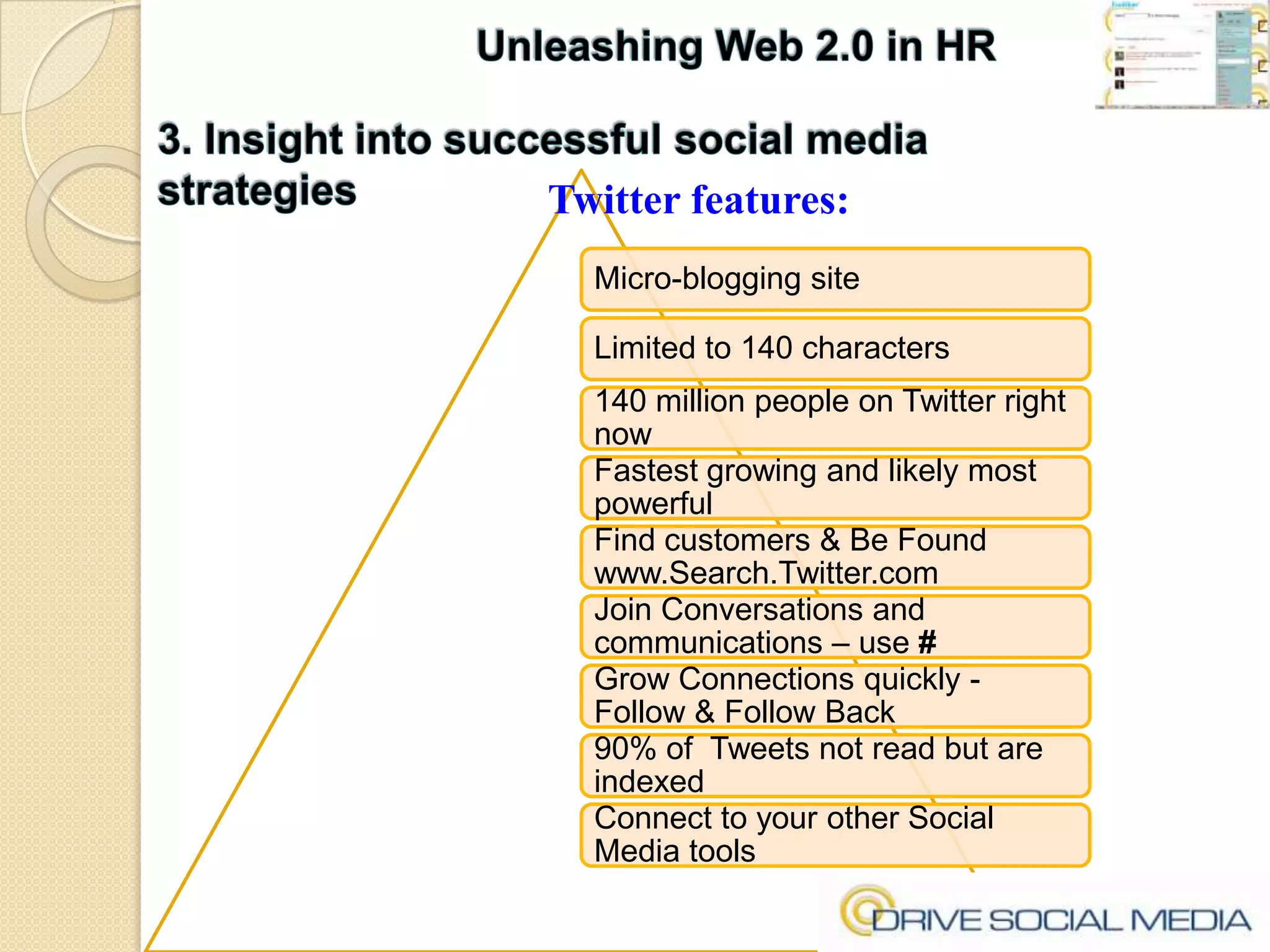 Unleashing Web 2.0 in HR3. Insight into successful social media strategiesTwitter features: