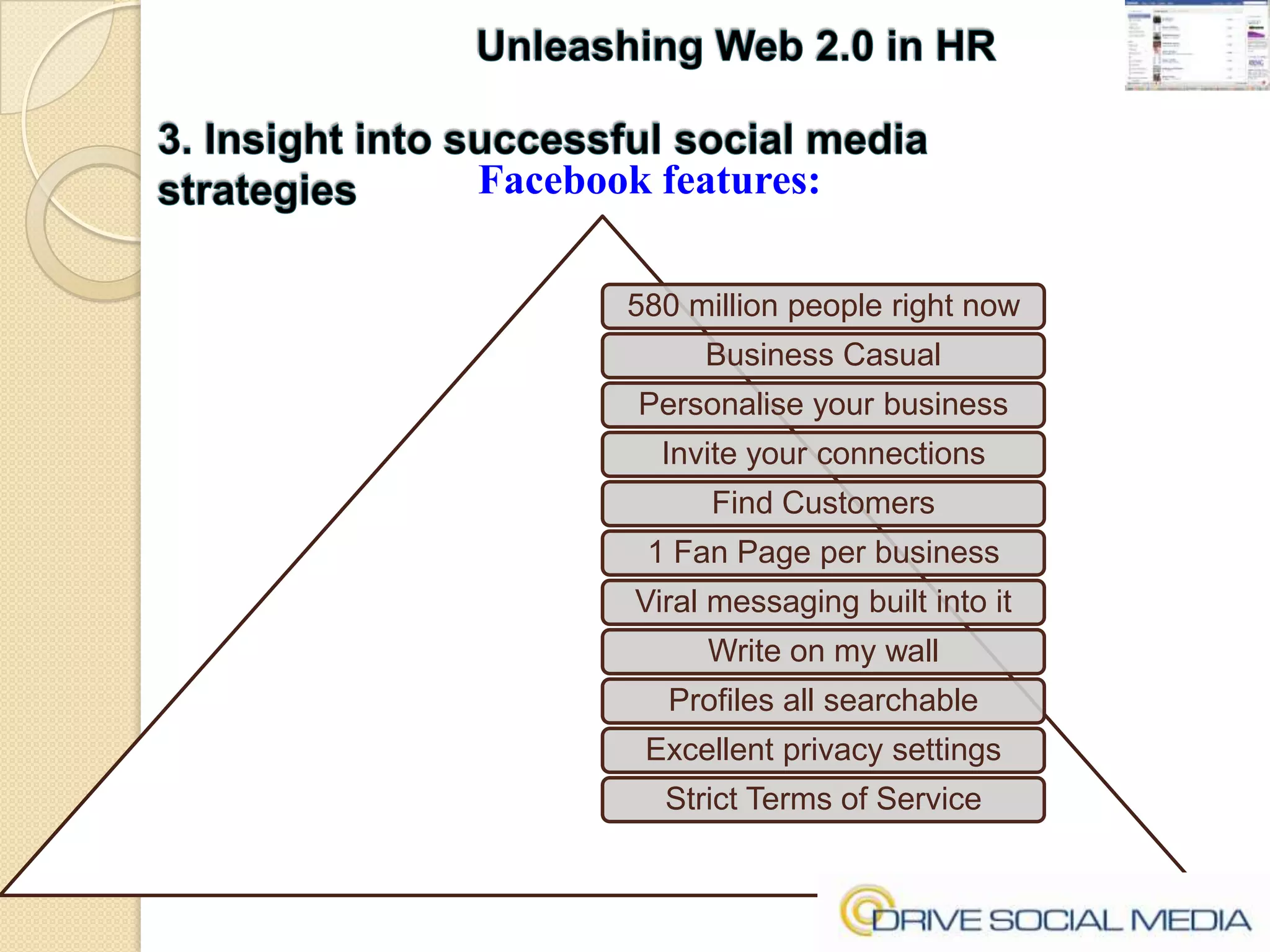 Unleashing Web 2.0 in HR3. Insight into successful social media strategiesFacebook features: