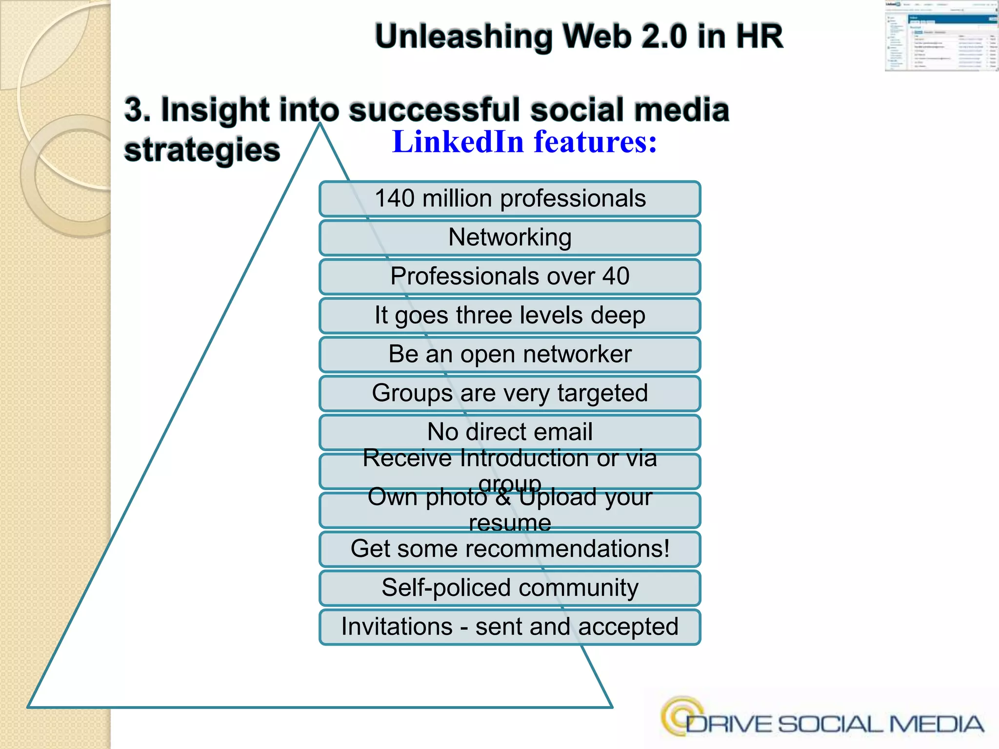 Unleashing Web 2.0 in HR3. Insight into successful social media strategiesLinkedIn features:
