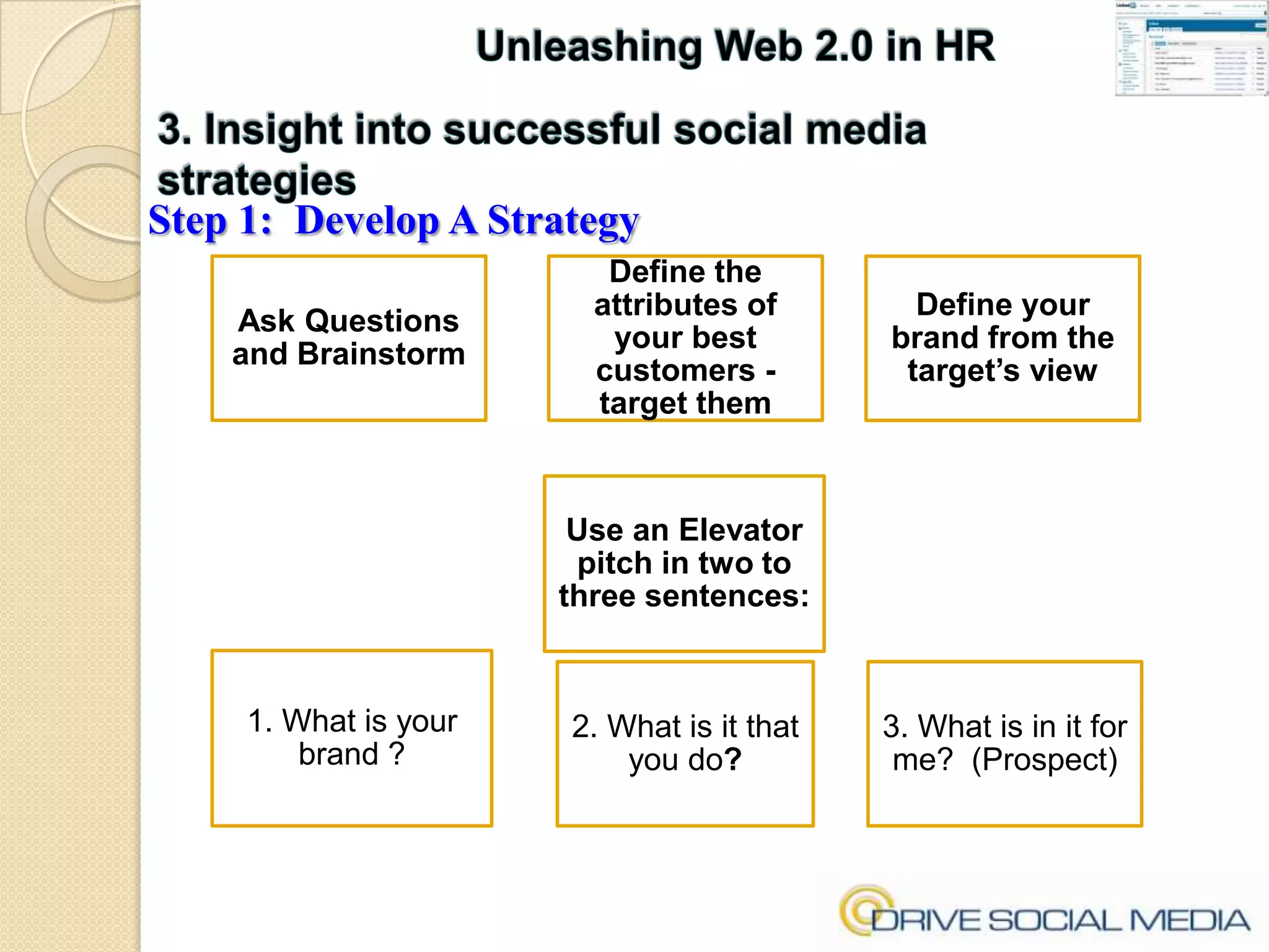 Unleashing Web 2.0 in HR3. Insight into successful social media strategiesStep 1:  Develop A Strategy