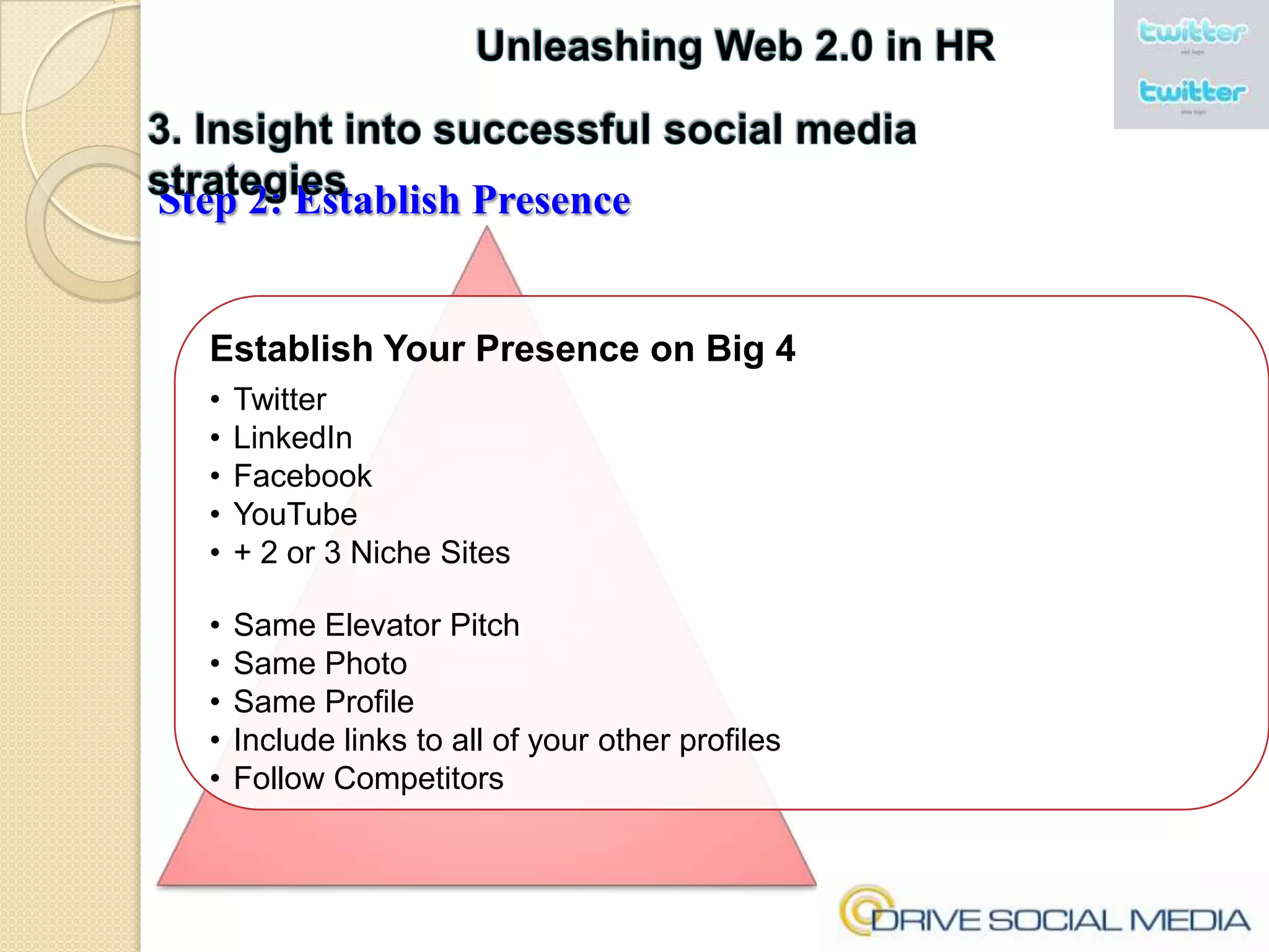 Unleashing Web 2.0 in HR3. Insight into successful social media strategiesStep 2: Establish Presence