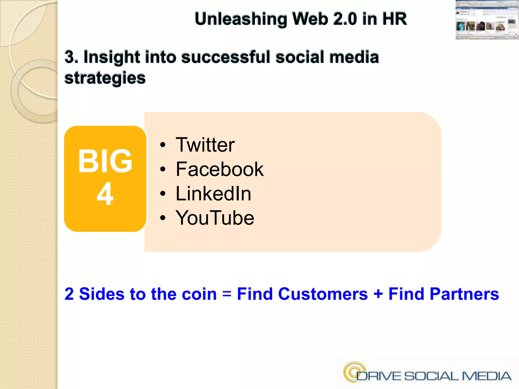 Unleashing Web 2.0 in HR3. Insight into successful social media strategies2 Sides to the coin = Find Customers + Find Partners