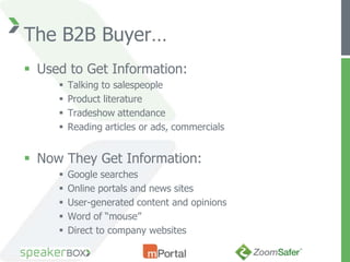 The B2B Buyer…
 Used to Get Information:
        Talking to salespeople
        Product literature
        Tradeshow attendance
        Reading articles or ads, commercials


 Now They Get Information:
        Google searches
        Online portals and news sites
        User-generated content and opinions
        Word of “mouse”
        Direct to company websites
 