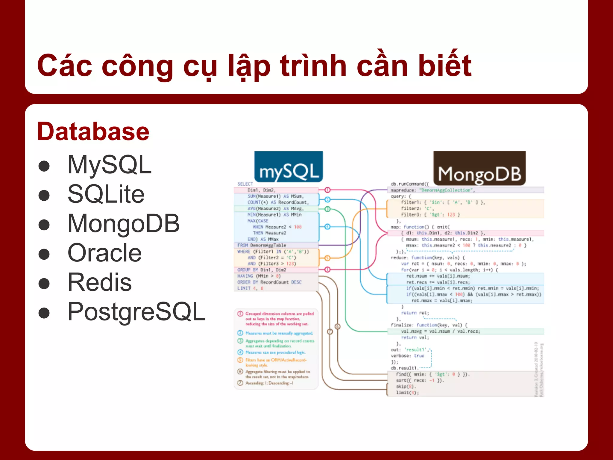 Các công cụ lập trình cần biết Database ● MySQL ● SQLite ● MongoDB ● Oracle ● Redis ● PostgreSQL 