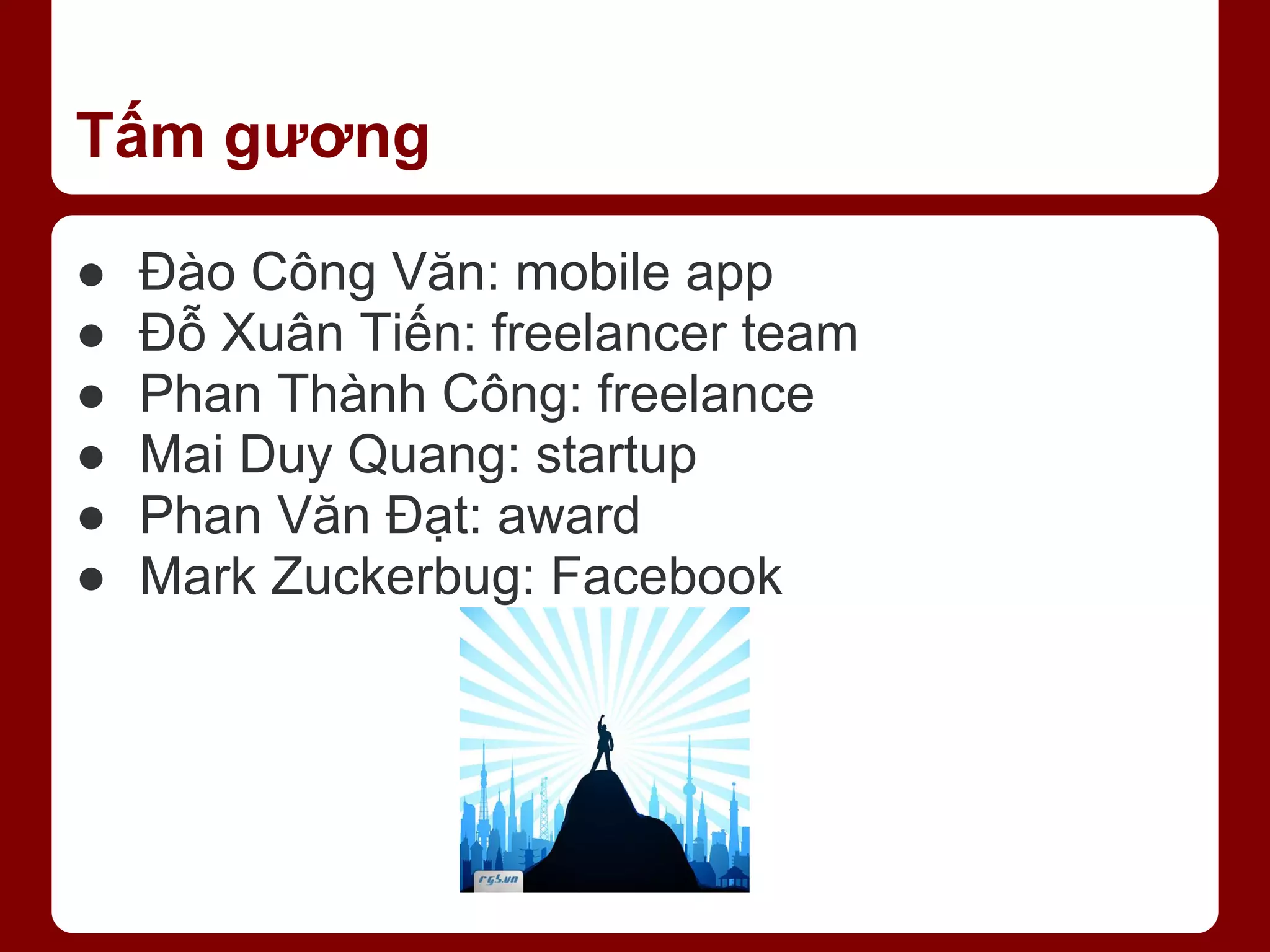 Tấm gương ● Đào Công Văn: mobile app ● Đỗ Xuân Tiến: freelancer team ● Phan Thành Công: freelance ● Mai Duy Quang: startup ● Phan Văn Đạt: award ● Mark Zuckerbug: Facebook 