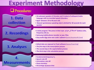 • 10 unknown speakers (5 females and 5 males) of colloquial Arabic
language with no recorded speech disorders.
• Aged between 19 to 40 years old.
• Natural spontaneous speaking style is elicited for 30 seconds for each
speaker
• A daily program “the press in their eyes ‫عيونهم‬ ‫في‬ ‫”الصحافة‬ (bakous alex,
frequency 101.1).
• Samsung mobile phone recorder as wav. Files.
• Easy audio Ogg wma wav cutter software (www.Koyotesoft.Com)
• Edited data are exposed to Praat software (www.Praat.Org)
• The first step is the transcription process
• The second step is the segmentation process
• The third step is the calculation process
• Fundamental frequency F0
• Speech rate SR
• Articulation rate AR
• Pause duration
• Percentage of pause time
Procedures:
 