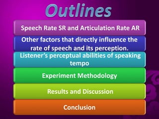 Speech Rate SR and Articulation Rate AR
Other factors that directly influence the
rate of speech and its perception.
Listener’s perceptual abilities of speaking
tempo
Experiment Methodology
Results and Discussion
Conclusion
 