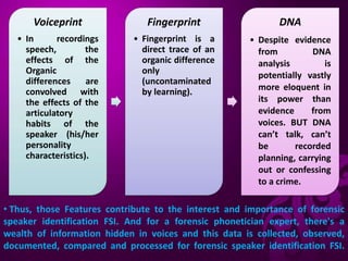 • Thus, those Features contribute to the interest and importance of forensic
speaker identification FSI. And for a forensic phonetician expert, there's a
wealth of information hidden in voices and this data is collected, observed,
documented, compared and processed for forensic speaker identification FSI.
Voiceprint
• In recordings
speech, the
effects of the
Organic
differences are
convolved with
the effects of the
articulatory
habits of the
speaker (his/her
personality
characteristics).
Fingerprint
• Fingerprint is a
direct trace of an
organic difference
only
(uncontaminated
by learning).
DNA
• Despite evidence
from DNA
analysis is
potentially vastly
more eloquent in
its power than
evidence from
voices. BUT DNA
can’t talk, can’t
be recorded
planning, carrying
out or confessing
to a crime.
 