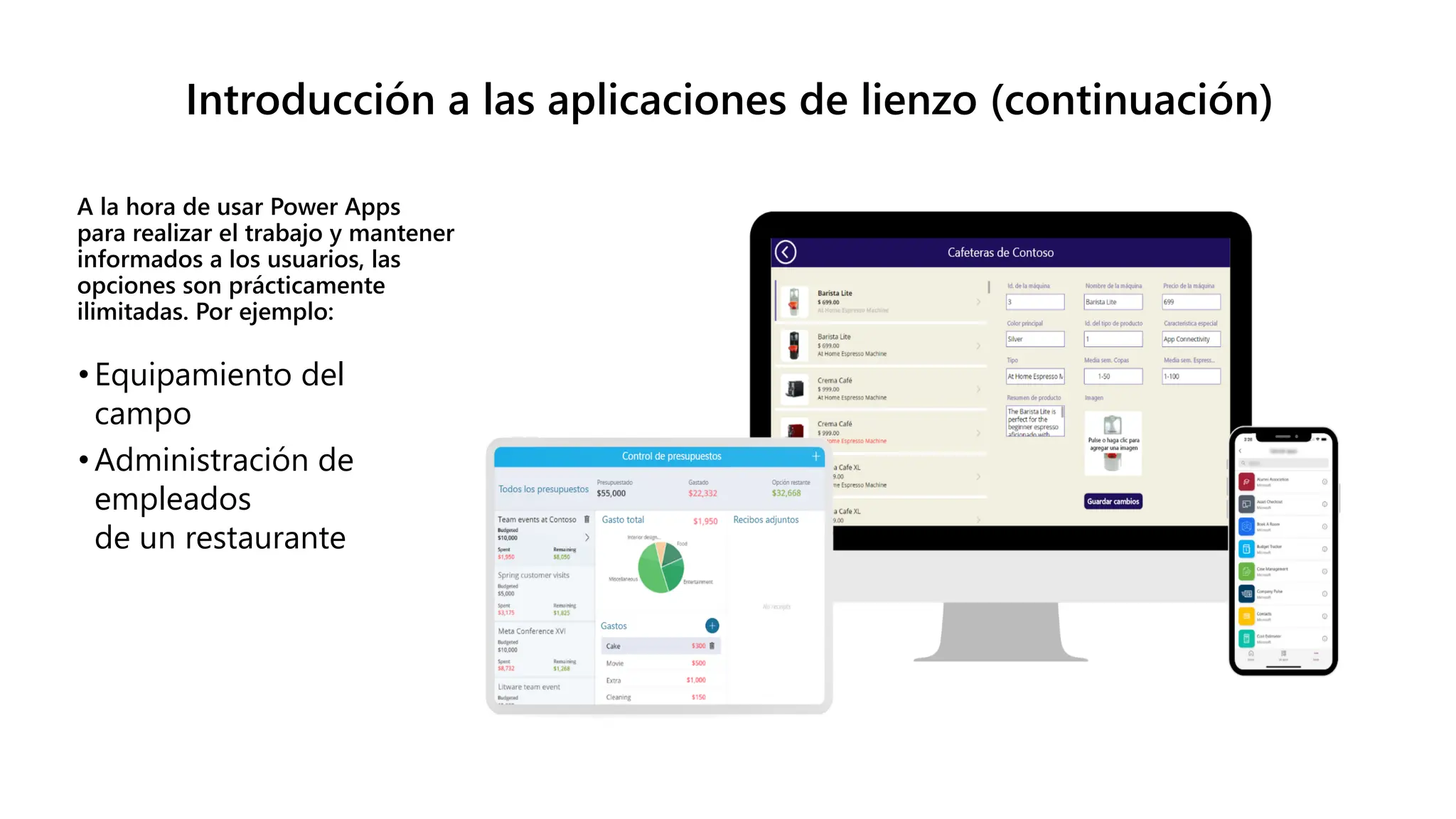 Introducción a las aplicaciones de lienzo (continuación)
A la hora de usar Power Apps
para realizar el trabajo y mantener
informados a los usuarios, las
opciones son prácticamente
ilimitadas. Por ejemplo:
• Equipamiento del
campo
• Administración de
empleados
de un restaurante
 