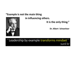 ‘ Leadership by example transforms mindset ’
sunil kr
“Example is not the main thing
in influencing others.
It is the only thing.”
Dr. Albert Schweitzer
11
 