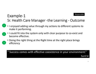 Example-1
Sr. Health Care Manager -the Learning - Outcome
• I enjoyed adding value through my actions to different systems to
make it performing.
• I could fit into the system only with clear purpose to co-exist and
become effective.
• Doing the right thing at the Right time at the right place brings
efficiency
19
“ Success comes with effective coexistence in your environment.”
Sunil kr
Responsible
1
2
3
 