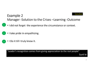 Example 2
Manager -Solution to the Crises –Learning -Outcome
• I did not forget the experience the circumstance or context.
• I take pride in empathizing.
• I Do it till I truly know it.
25
“Leader’s recognition comes from giving appreciation to the real people”
Sunil kr
Consulted
1
2
3
 