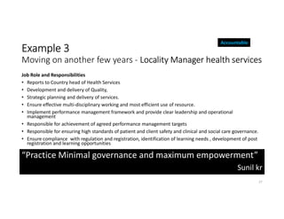Example 3
Moving on another few years - Locality Manager health services
Job Role and Responsibilities
• Reports to Country head of Health Services
• Development and delivery of Quality,
• Strategic planning and delivery of services.
• Ensure effective multi-disciplinary working and most efficient use of resource.
• Implement performance management framework and provide clear leadership and operational
management
• Responsible for achievement of agreed performance management targets
• Responsible for ensuring high standards of patient and client safety and clinical and social care governance.
• Ensure compliance with regulation and registration, identification of learning needs , development of post
registration and learning opportunities
27
Accountable
“Practice Minimal governance and maximum empowerment”
Sunil kr
 
