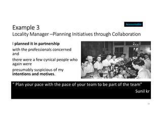 Example 3
Locality Manager –Planning Initiatives through Collaboration
I planned it in partnership
with the professionals concerned
and
there were a few cynical people who
again were
presumably suspicious of my
intentions and motives.
29
“ Plan your pace with the pace of your team to be part of the team”
Sunil kr
Accountable
 