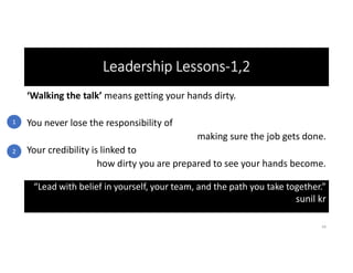 Leadership Lessons-1,2
‘Walking the talk’ means getting your hands dirty.
You never lose the responsibility of
making sure the job gets done.
Your credibility is linked to
how dirty you are prepared to see your hands become.
34
“Lead with belief in yourself, your team, and the path you take together.”
sunil kr
1
2
 
