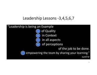 Leadership Lessons -3,4,5,6,7
“Leadership is being an Example
of Quality
in Context
in all aspects
of perceptions
of the job to be done.
empowering the team by sharing your learning.”
sunil kr
35
3
4
5
6
7
 