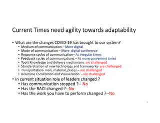Current Times need agility towards adaptability
• What are the changes COVID-19 has brought to our system?
• Medium of communication – More digital
• Mode of communication – More digital conference
• Response cycles of communication– At irregular times
• Feedback cycles of communications.– At more convenient times
• Tools Knowledge and delivery mechanisms are challenged
• Standardization of new technology and frameworks- are challenged
• Transportation- man, material, places – are challenged
• Real time Localization and Visualization - are challenged
• In current situation role of leaders changed ?
• Has communication stopped ?-- No
• Has the RACI changed ?--No
• Has the work you have to perform changed ?--No
4
 