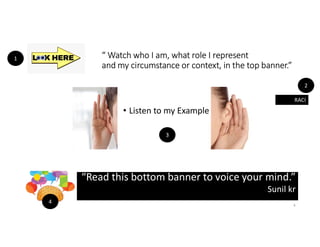 “ Watch who I am, what role I represent
and my circumstance or context, in the top banner.”
6
RACI
“Read this bottom banner to voice your mind.”
Sunil kr
• Listen to my Example
1
2
3
4
 